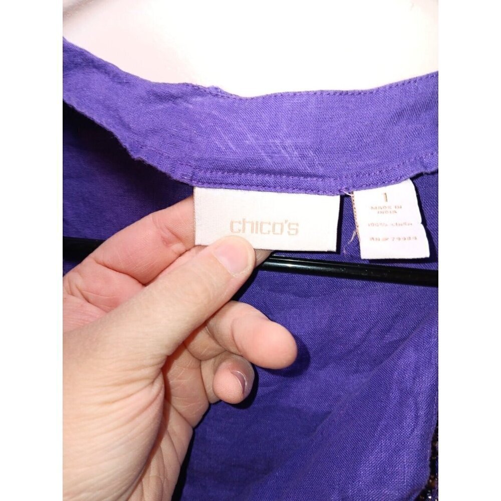 Chicos Top Womens Sz 1 Oversized Purple Linen Beaded V-Neck Casual Basic - Picture 4 of 6